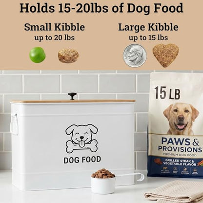 Dog Food Container Airtight 15 lb (50 Cup) Capacity with Metal Scoop - Cute Airtight Dog Food Storage Container with Bamboo Lid - White Metal Kibble Storage Bin for Dogs up to 100 lbs - Big Pet Jar - color: White