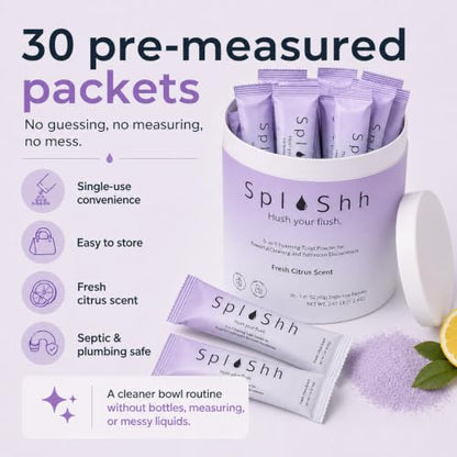 SplaShh 5 in 1 Foaming Toilet Bowl Cleaner, 30 Powder Packets, Fresh Citrus Scent, No Harsh Chemicals, Easy Clean, Replaces Sprays, Pods & Tablets, Stain & Odor Remover, Convenient Pouches