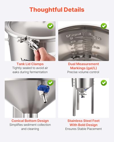 VEVOR Pressure Fermenter 15 PSI, 8 Gal/30L All-in-One Stainless Steel Conical Secondary Fermentation Bucket, for Wine, Beer Brewing Equipment - size: 8 Gal-Fermenter2.0