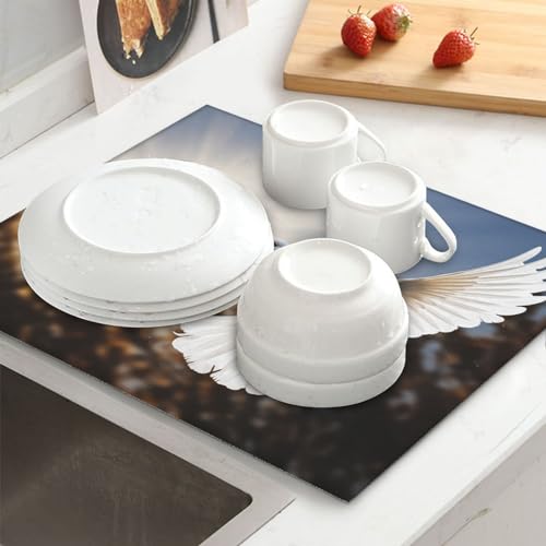 White dove flying in the sun Print Dish Drying Mat for Kitchen Counter Ultra Absorbent Microfiber Dishes Drainer Mats Washable Drying Pads for Sinks 16 x 18 In - color: White Dove Flying In The Sun