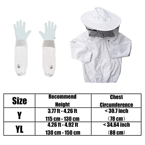 Luwint Kids Beekeeping Jacket and Gloves, Ventilated Veil Bee Suit for Kids Protective Pull Over Beekeeper Jacket with Goatskin Beekeeping Gloves for Kids (3'8''-4'4'' Height) - style: 3'8''-4'4'' Height/White