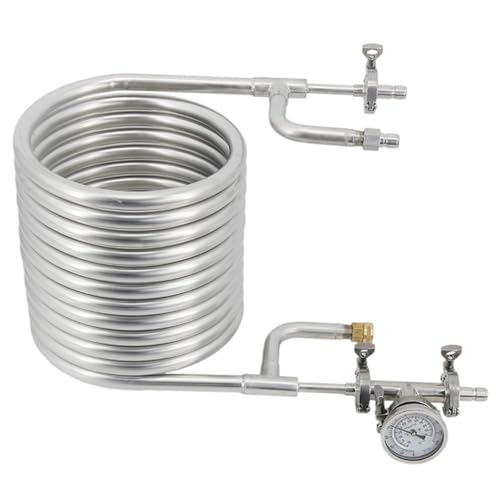 Stainless Steel 304 1Pcs Immersion Wort Chiller,Convoluted Counterflow Wort Chiller Package Male Quick Disconnects with Inline Thermometer