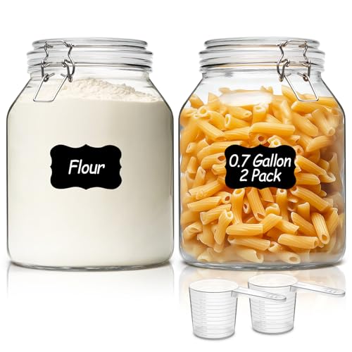 ComSaf 2 Pack 0.7 Gallon (88 Oz) Large Glass Jars with Airtight Lids, Wide Mouth Fermenting Jar for Pantry, Bulk Food Storage Canister for Flour, Sourdough Starter, Pickling, with Scoop - size: 88oz*2