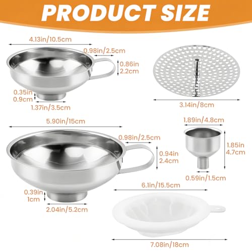 6Pcs Stainless Steel Canning Funnels Set, Wide Mouth Food Canning Funnels for Regular Mason Jar, Kitchen Large Cannin-g Supplies Kit for Filling Bottle(Color:Silver)