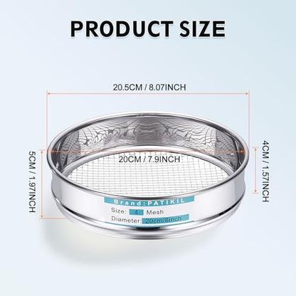 PATIKIL 4 Mesh(5mm) Lab Sieve, 7.9"(20cm) Diameter Sifting Screen 304 Stainless Steel Wire Cloth Fine Mesh Sieve for Industrial Laboratory Home Soil Sifter Dry Sift Screens Hash - size: 4 Mesh(5mm)/7.9"