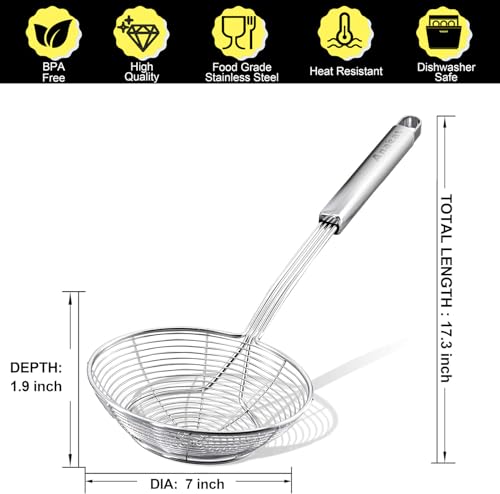 Anaeat Stainless Steel Spider Strainer Skimmer - Solid Kitchen Strainer Ladle with Long Handle for Cooking and Frying, Reinforced Double Coil Slotted Spoons for Pasta, Noodle, Spaghetti (7 Inch) - color: Double Coil 7 Inch