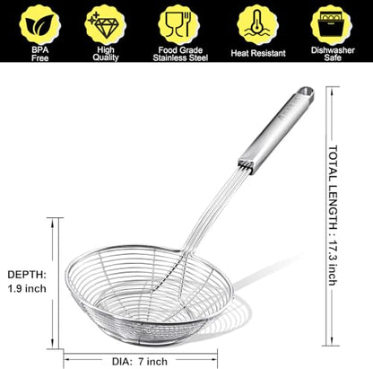Anaeat Stainless Steel Spider Strainer Skimmer - Solid Kitchen Strainer Ladle with Long Handle for Cooking and Frying, Reinforced Double Coil Slotted Spoons for Pasta, Noodle, Spaghetti (7 Inch) - color: Double Coil 7 Inch