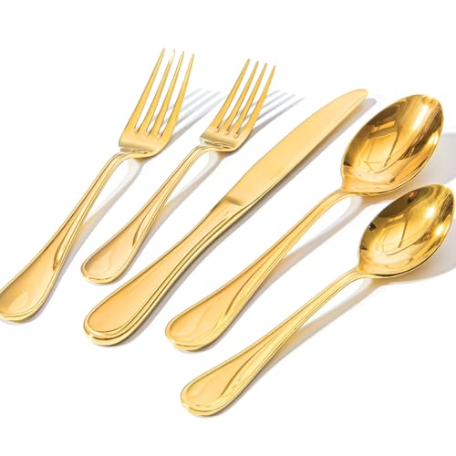 KINGSTONE 20 Piece Teardrop Silverware Set for 4, 18/10 Stainless Steel Flatware Set, Modern Design Cutlery Set for Home/Hotel/Wedding,Mirror Polished and Dishwasher Safe, Gold - color: Gold, size: 20-Piece
