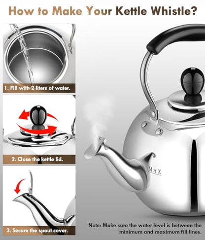 Stovetop Tea Kettle with Whistle - 2.0 Quart 18/8 Stainless Steel Tea Pot for Gas Stove & Electric Coil Stovetop, Food-Safe, Easy-Pour Spout, Mirror Polished Classic Water Kettle