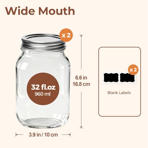 ComSaf 32 oz Wide Mouth Mason Jars 2 Pack Large Glass Jars with Lids | BPA-Free Materials, Quart Size, Chunky Salsa, Canning Pickling Sauce, Meal Prep Salad, Sourdough, Jam Jelly, Meal Prep - size: 32oz wide mouth 2PCS