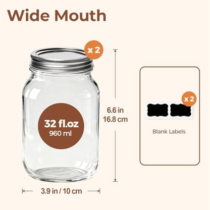 ComSaf 32 oz Wide Mouth Mason Jars 2 Pack Large Glass Jars with Lids | BPA-Free Materials, Quart Size, Chunky Salsa, Canning Pickling Sauce, Meal Prep Salad, Sourdough, Jam Jelly, Meal Prep - size: 32oz wide mouth 2PCS