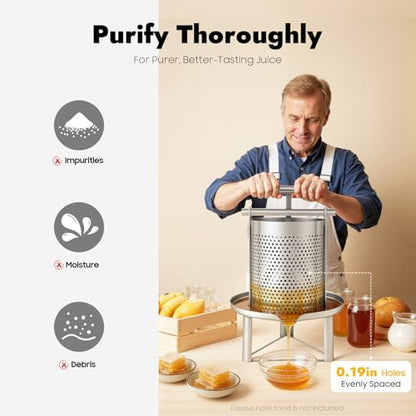 Manual Honey Extractor Press, 2.6 Gal Stainless Steel Honey Strainer with T-Handle, Heavy Duty Beekeeping Extraction for Beeswax Fruit Juice, Silver