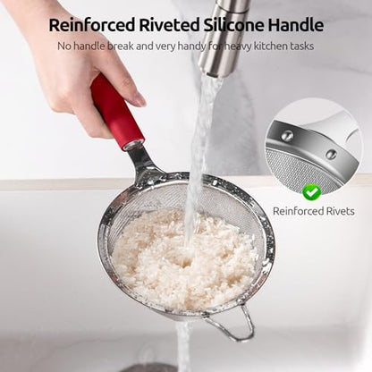 U-Taste Medium Fine Mesh Strainer: 18/8 Stainless Steel 4.73in 30 Mesh Kitchen Food Sieve with Sturdy Riveted Silicone Handle, Heavy Duty Deep Handheld Metal Colander for Rice, Quinoa, Flour (Red) - color: (4) Red, size: M-4.73in