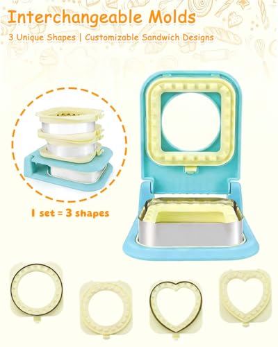 3-in-1 Uncrustable Sandwich Maker - Heart/Round/Square Crustless Sandwich Cutter & Sealer for Kids' Lunch, Breakfast & Lunchboxes | BPA-Free Uncrustable Press,Easy Clean (3-Shape Light Blue) - color: 3-Shape Light Blue