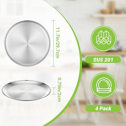 Stainless Steel Plates, 4 Pack 11.8 inch Large 201 Metal Food Serving Plate Set, Reusable Snack Eating Dishes Round Shatterproof Brushed Finish Dish Silver Dinner Lunch Oven Dishwasher Safe - size: 11.8"