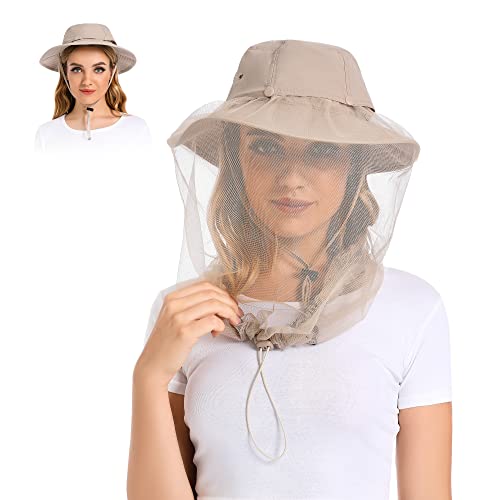 Mosquito Head Net Hat - Bug Cap UPF 50+ Sun Protection with Hidden Netting for Beekeeping Hiking Women - color: Light Grey(removable Bug)