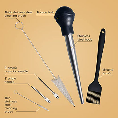 Turkey Baster, Stainless Steel Baster for Cooking with Marinade Injectors Syringe, Basting Brush, Thick Cleaning Brush & Thin Cleaning Brush
