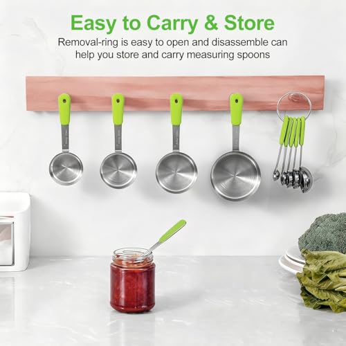 Bopei Measuring Cups and Spoons Set Stainless Steel 10 Piece for Cooking and Baking (5 Cups + 5 Spoons, Green Handle) - color: Green