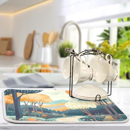 Trees Flower Path Turquoise Dish Drying Mat for Kitchen Counter Super Absorbent Draining Mat with Non-slip Backed Waterproof Sink Mats for Dish Bottles Cups Bowl Sinks Countertops Draining Racks