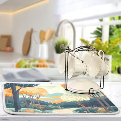 Trees Flower Path Turquoise Dish Drying Mat for Kitchen Counter Super Absorbent Draining Mat with Non-slip Backed Waterproof Sink Mats for Dish Bottles Cups Bowl Sinks Countertops Draining Racks