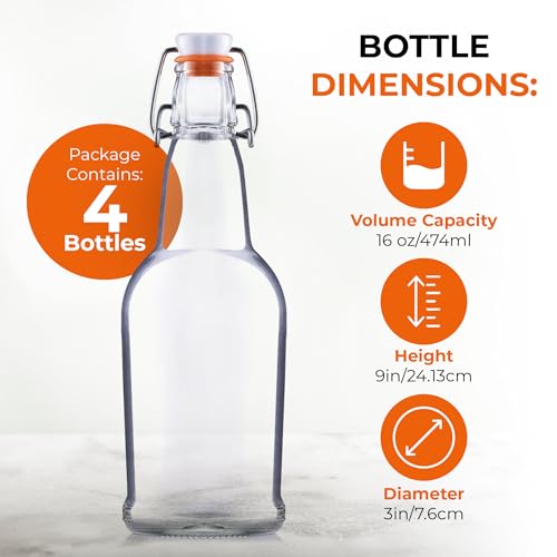 Bellemain Swing Top Glass Water Bottles – Reusable Clear Glass for Juice, Oil, Kombucha, liquor, Beer or Kefir – Airtight Flip Top Bottles for Kitchen & Brewing – Set of 4 (16oz)