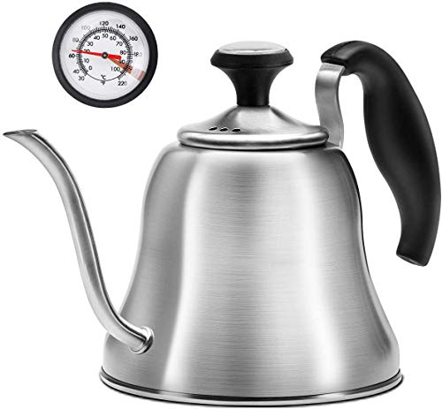 Tea Kettle with Thermometer, Gooseneck Pour Over, 28oz, Brushed | Food Grade Stainless Steel, Precise Gooseneck Spout, for Camping, Home & Kitchen, Induction & Gas Applicable - style: Brushed Silver（with Thermometer）