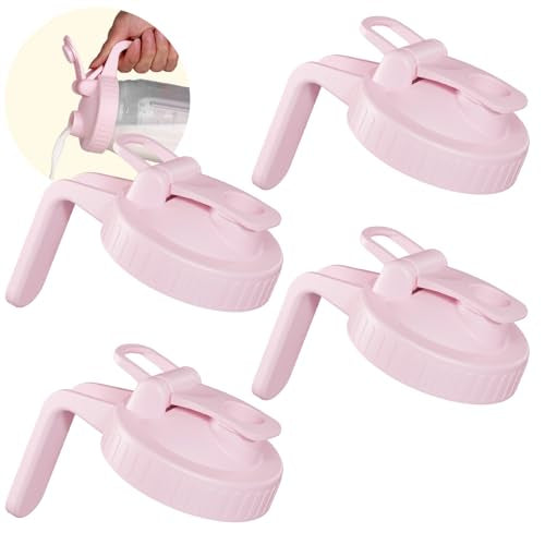 4 Pack Wide Mouth Mason Jar Lids with Leak-Proof Seal, Mason Jar Pour Spout Lid with Flip Cap and Handle, Plastic Canning Lids for Milk, Salad, Dressing, Drinking Storage Bottle, Pink - color: Pink, size: Wide Mouth 4Pack