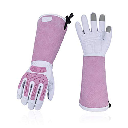 Vgo... 1-Pair Premium Geniune Goat Leather Extra-long Cuff Thornproof, Anti-abrasion, Anti-Impact Gardening Gloves (Size M, White, GA9659) - color: 1 Pair - White Pink, size: Women's Medium