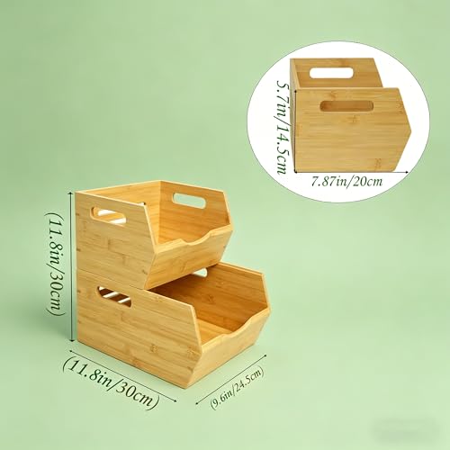 Bamboo Pantry Storage Bins , Ventilated stackable Design Potato and Onion Storage Bin Kitchen Organization Storage Basket Food Fruit Container for Cabinet, Studio, Office