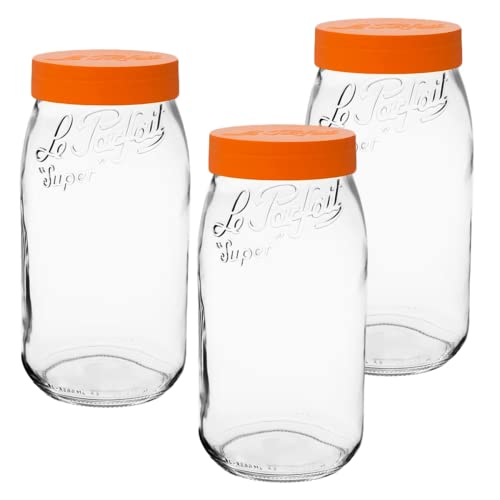Le Parfait Eco-Friendly Zero Waste Wide Mouth Glass Jar with Airtight Screw Top Lid - Reusable French Storage Jar for Food, Soup, Flour, Sugar, Canning & Baking (3L/96oz, 1 Pack, Orange) - color: 3L-Orange (Set/3)