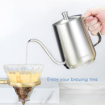 Easyworkz Gooseneck Pour Over Coffee Kettle 30 fl oz with Thermometer Stainless Steel Hand Drip Coffee Pot With Long Narrow Spout,Suitable for Induction Cookers - color: Silver