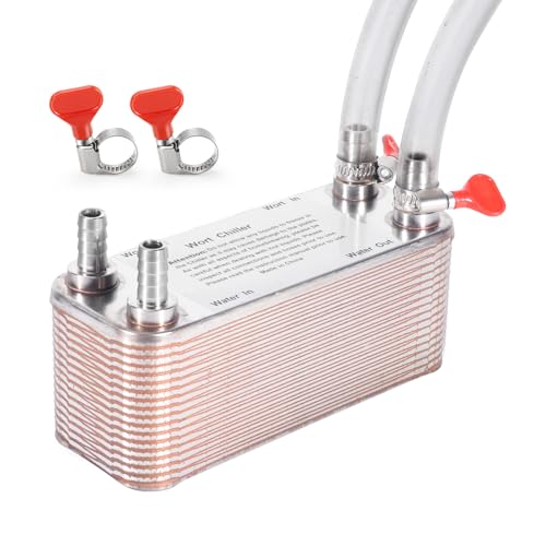 Wort Chiller 30 Plates, 1/2 Barb Fitting Connection, Brazed Plate Copper Heat Exchanger for Homebrew, Stainless Steel 7.5" x 2.9" Plate, Hot Liquid Accelerated Cooler Quick Beer Cooling System