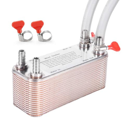 Wort Chiller 30 Plates, 1/2 Barb Fitting Connection, Brazed Plate Copper Heat Exchanger for Homebrew, Stainless Steel 7.5" x 2.9" Plate, Hot Liquid Accelerated Cooler Quick Beer Cooling System