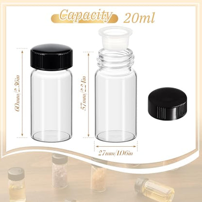 Lallisa 100 Pcs 20 ml Glass Vials with Black Screw Caps and Plastic Stoppers, 5 Dram Clear Small Leakproof Bottles Bulk, Mini Liquid Sample Vials for Essential Oils, Sample, DIY Craft - color: Clear with Black Cap, size: 20 ml