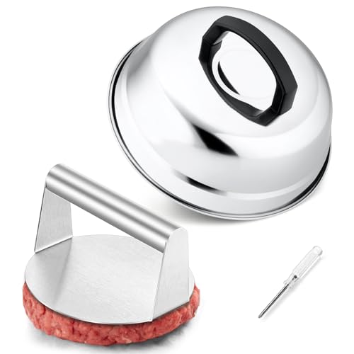 9In Melting Dome & 5.5In Burger Press, HaSteeL Stainless Steel Small Basting Cover with Round Bacon Press, Metal Griddle Accessories Set for Flat Top Teppanyaki Hibachi Grilling Cooking Steaming BBQ