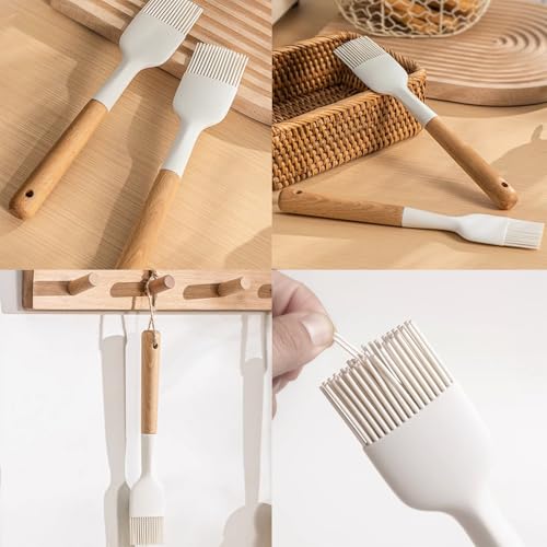 2Pcs Silicone Oil Brush with Wooden Handle,Durable Basting Brush Pastry Brush,Easy to Clean,White Food Brushes for Cooking Baking Grilling