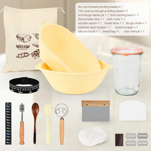 TOKPELA Sourdough Starter Kit 13Pcs Sourdough Bread Baking Supplies, Complete Bread Making Tools 9in Round & 10in Oval Silicone Banneton Proofing Basket Set with Sour dough Starter Jar - color: Sourdough Starter Kit
