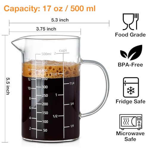 500ML 2 CUP Glass Liquid Measuring Cup With Handle, High Borosilicate Glass Three Scales (OZ, Cup, ML/CC) for Kitchen or Restaurant, V-Shaped Spout Glass Measuring Beaker, Easy To Read