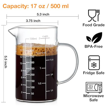 500ML 2 CUP Glass Liquid Measuring Cup With Handle, High Borosilicate Glass Three Scales (OZ, Cup, ML/CC) for Kitchen or Restaurant, V-Shaped Spout Glass Measuring Beaker, Easy To Read