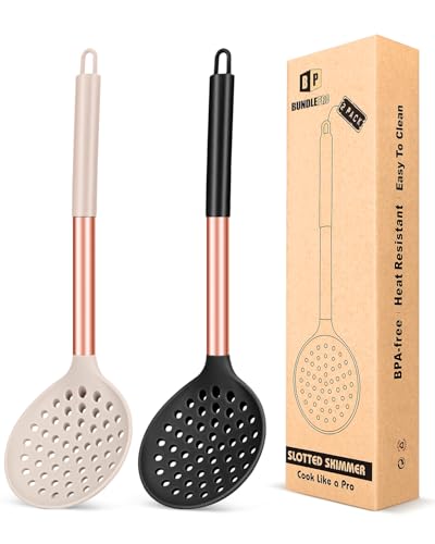 Kitchen Ladle Strainer Set of 2 Large Slotted Spoon with High Heat Resistant BPA Free Non Stick Cooking Skimmers For Draining and Frying - color: Rose Gold Black and Khaki
