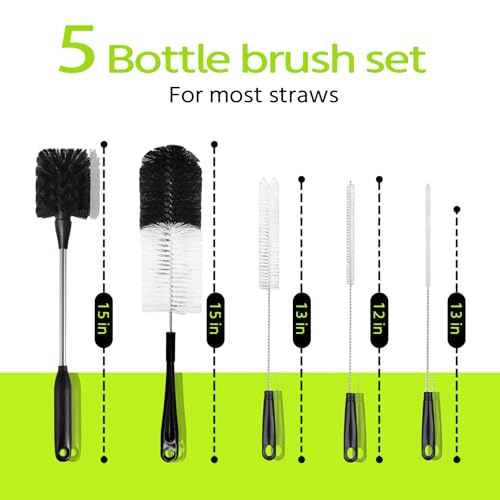 5 Pack Bottle Brush, 15in Stainless Steel Water Bottle Brush, 3 Straw Brushes, for Cleaning Baby Bottles, Sports Water Bottle, Wine Decanters, Coffee Mug, Narrow Bottle, Tumblers, Flasks, Round Head - color: 5pcs/Black