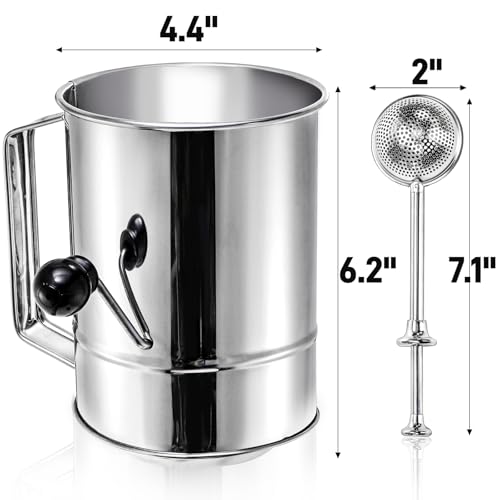 Pumtus 3 Pack Flour Sifter Set, 5 Cup Hand Crank Sifter with 2 Pieces Baker's Dusting Wands, Stainless Steel Fine Mesh Baking Sifter with Agitator Rotary, Powdered Sugar Duster for Baking Dessert