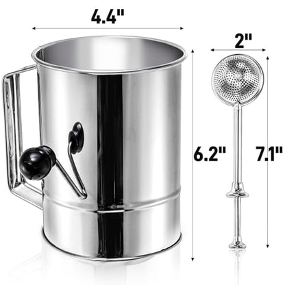Pumtus 3 Pack Flour Sifter Set, 5 Cup Hand Crank Sifter with 2 Pieces Baker's Dusting Wands, Stainless Steel Fine Mesh Baking Sifter with Agitator Rotary, Powdered Sugar Duster for Baking Dessert
