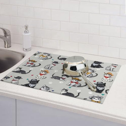 Pet Lover Cat Dish Drying Mat For Kitchen Counter, Super Absorbent Microfiber Dish Drying Pad, Kitchen Gadgets For Easy Clean Multi-Use Large 18"x24" - color: Pet Lover Cat