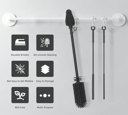 Silicone Bottle Brush and Straw Cleaner Set,Water Bottle Brush Double-Headed,Straw Brush Silicone,Bottle Cleaner Brush for Thermoses and Sports/Water Bottles/Dish/Cup (Black-Grey)