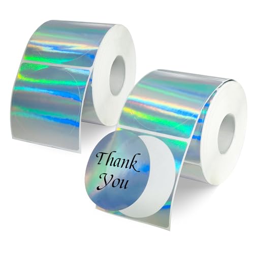 2" Circle Holographic Thermal Labels, Round Printable Rainbow Glitter Thermal Printer Sticker Labels for Gift Wrapping, Self-Adhesive Name Price Tag DIY Custom Logo Design, 800 Sheets/2 Roll - color: Holographic Silver (800labels/2roll), size: 2 inch