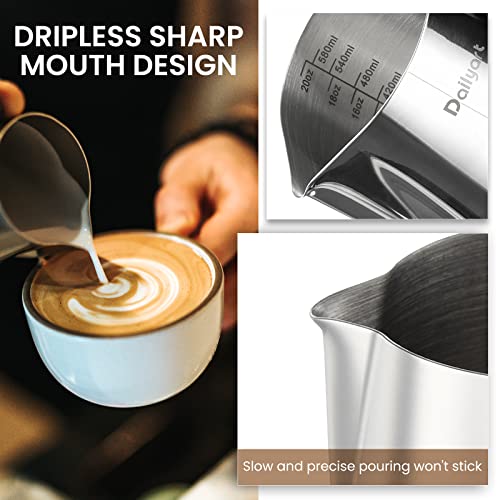 Milk Pitcher, Dailyart Stainless Steel Milk Frothing Pitcher with Thermometer for Coffee, Cappuccino,Espresso,Latte Art(600ml/20oz) (Pack of 2) - size: 20.3 Ounces (Pack of 2)
