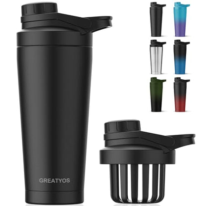 Greatyos Stainless Steel Shaker Bottle with Noise-Free Design - Patented 24 oz Insulated Metal Shakers Bottles Cup for Protein Mixes and Pre Workout 100% Leak Proof (Black) - color: Black