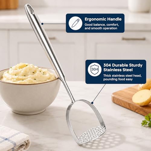 304 Stainless Steel Potato Masher – Heavy-Duty [Rustproof, Heat Resistance, Integral Forming] Dishwasher Safe Masher for Smooth & Fluffy Mashed Potatoes, Avocados – Sturdy, Durable Design - size: Potato Masher