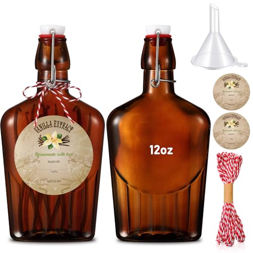 Uiifan 2 Pack 12 oz Vanilla Extract Bottles with Swing Top Flask Whiskey Pocket Amber Glass Flask for Homemade Vanilla Extract Lemon Kombucha Water Apply Christmas Wedding Gift (Amber) - color: Amber, size: 12oz
